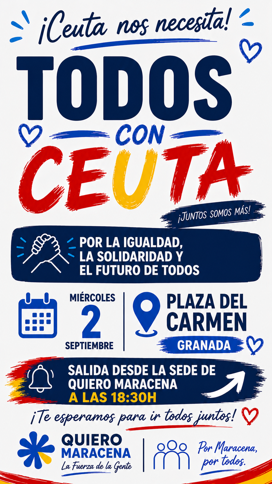 Cartel de la convocatoria Todos con Ceuta: miércoles 2 de septiembre, 18:30h, salida desde la sede de Quiero Maracena rumbo a la Plaza del Carmen de Granada