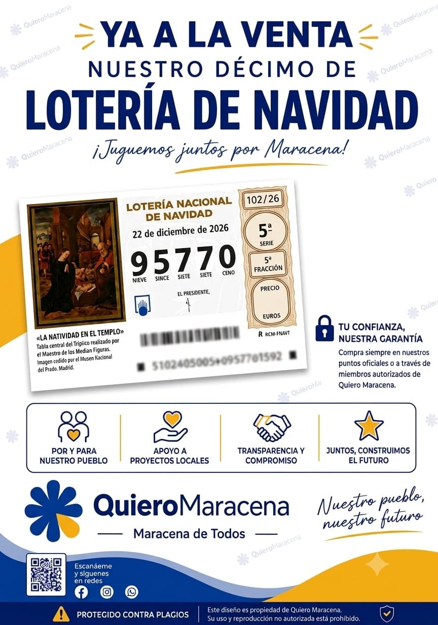 Cartel del décimo de Lotería Nacional de Navidad de Quiero Maracena, sorteo del 22 de diciembre de 2026